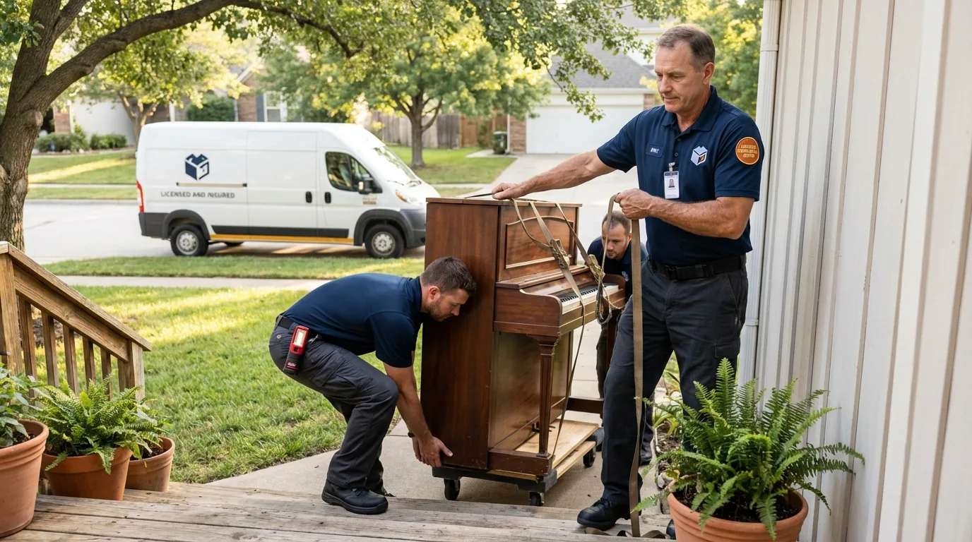 Licensed piano movers securing grand piano in Birch Run, MI