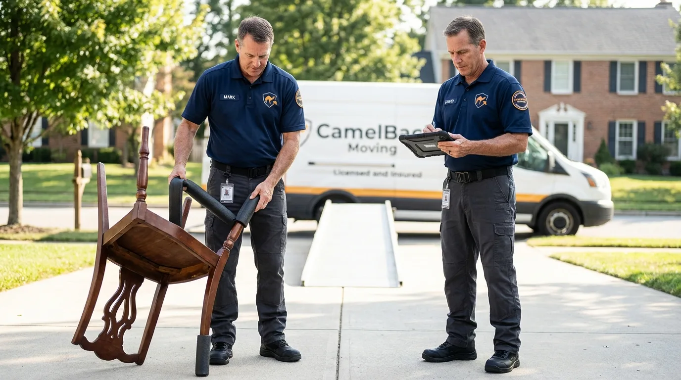 Movers inspecting furniture for damage prevention before loading in Birch Run, MI