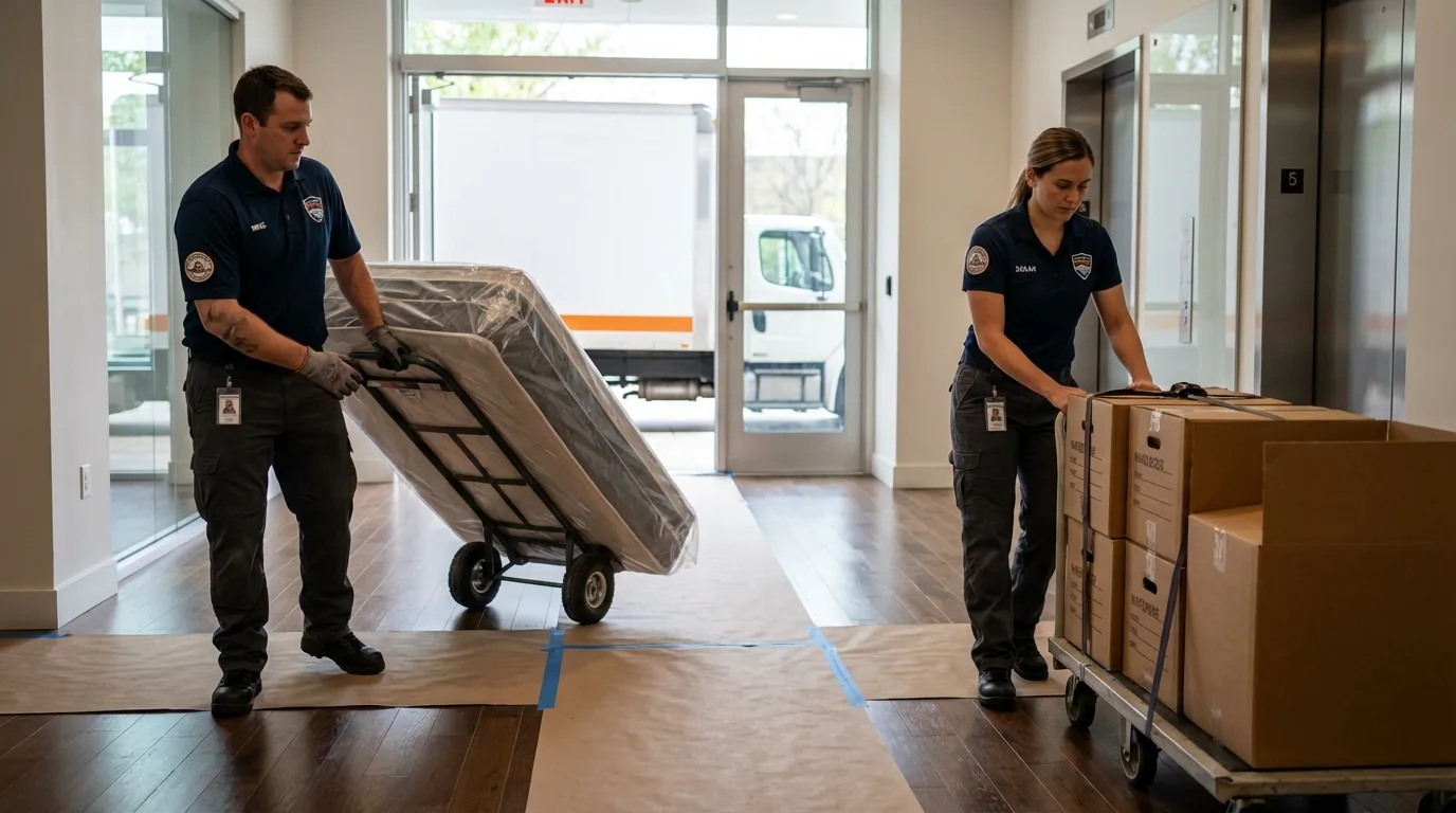 Professional apartment movers loading elevator in Birch Run, MI