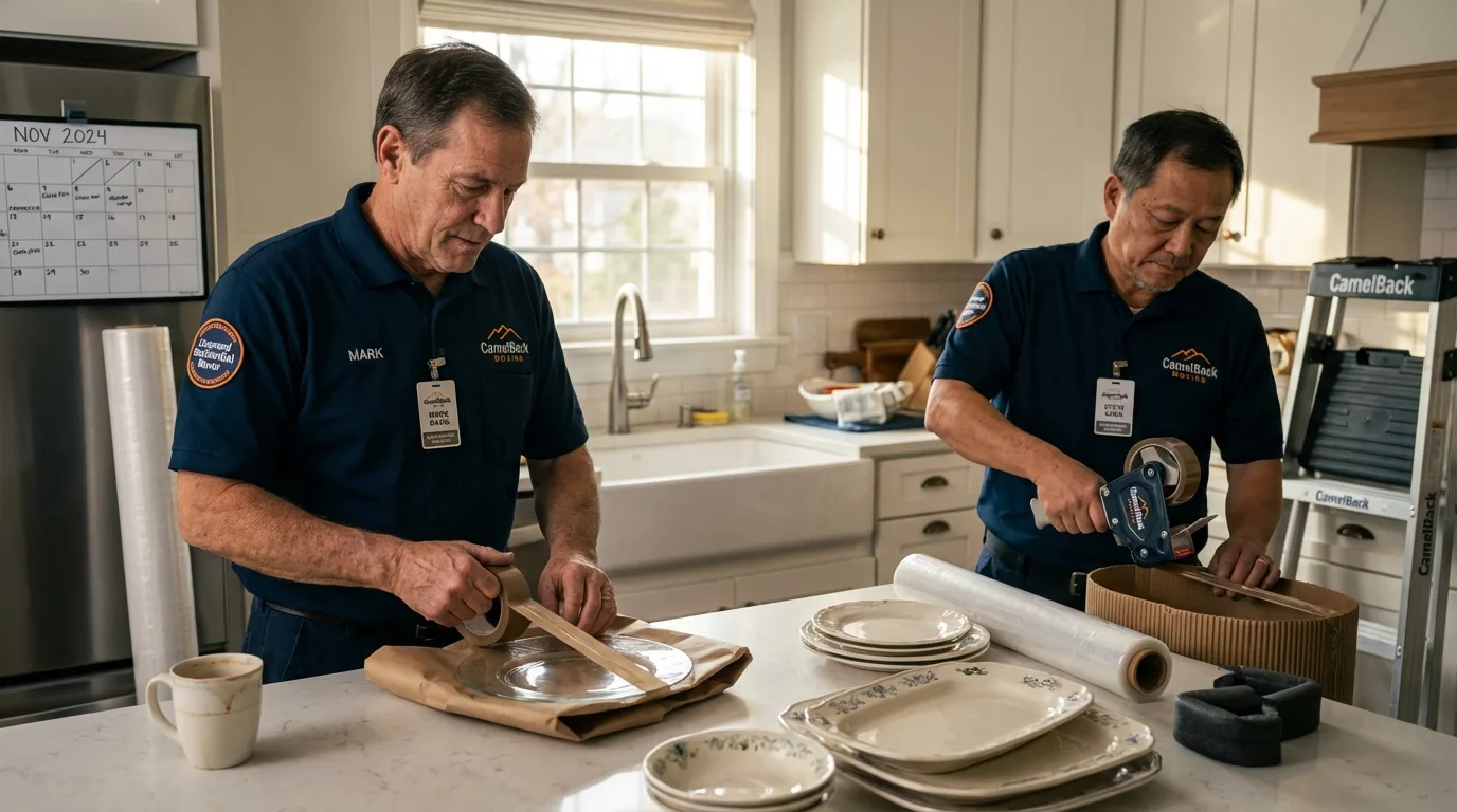 Professional crew packing kitchen dishware in Birch Run, MI